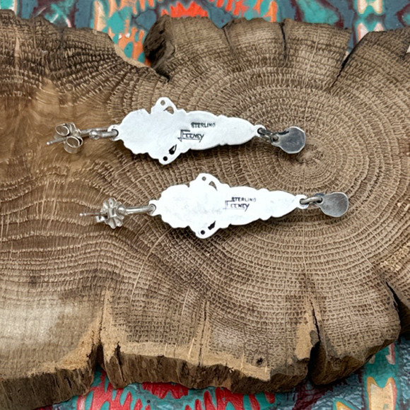 LEO FEENEY Sterling Sleeping Beauty Turquoise Coral Hoop Earrings Fancy Dangles - Picture 2 of 2